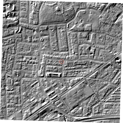 Shaded relief map of the ground around E138EP, computed from Environment Agency LiDAR. The ground here sits at about 1 m above sea level and falls 5 m across the surrounding 800 m. Surface water reaching this point runs off ground lying to the south-west, 2.1 m higher.