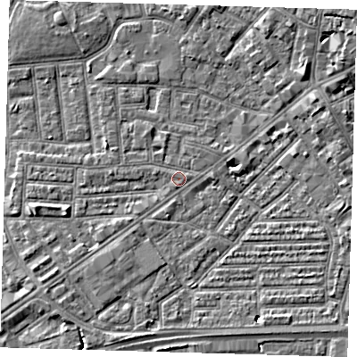 Shaded relief map of the ground around E138EQ, computed from Environment Agency LiDAR. The ground here sits at about 2 m above sea level and falls 7 m across the surrounding 800 m. Surface water reaching this point runs off ground lying to the east-north-east, 5.4 m higher.