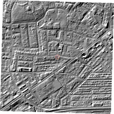 Shaded relief map of the ground around E138ES, computed from Environment Agency LiDAR. The ground here sits at about 2 m above sea level and falls 7 m across the surrounding 800 m. Surface water reaching this point runs off ground lying to the west-south-west, 2.1 m higher.