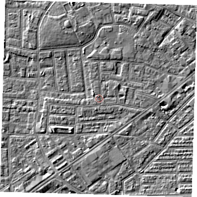 Shaded relief map of the ground around E138EU, computed from Environment Agency LiDAR. The ground here sits at about 2 m above sea level and falls 6 m across the surrounding 800 m. Surface water reaching this point runs off ground lying to the east-north-east, 0.6 m higher.