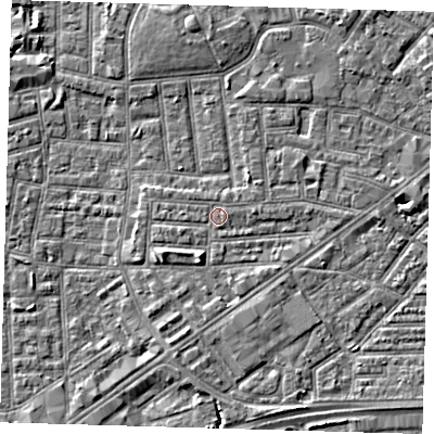 Shaded relief map of the ground around E138EW, computed from Environment Agency LiDAR. The ground here sits at about 1 m above sea level and falls 5 m across the surrounding 800 m. Surface water reaching this point runs off ground lying to the south-west, 2.1 m higher.