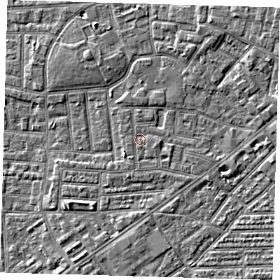 Shaded relief map of the ground around E138EX, computed from Environment Agency LiDAR. The ground here sits at about 1 m above sea level and falls 7 m across the surrounding 800 m. Surface water reaching this point runs off ground lying to the south-south-west, 0.8 m higher.