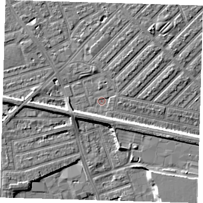 Shaded relief map of the ground around E138FA, computed from Environment Agency LiDAR. The ground here sits at about 5 m above sea level and falls 7 m across the surrounding 800 m. Surface water reaching this point runs off ground lying to the west, 6.0 m higher.