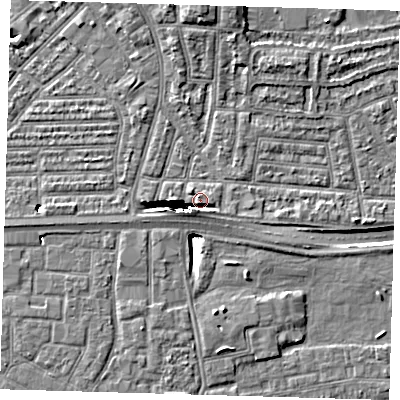 Shaded relief map of the ground around E138FB, computed from Environment Agency LiDAR. The ground here sits at about 3 m above sea level and falls 11 m across the surrounding 800 m. Surface water reaching this point runs off ground lying to the south-west, 5.1 m higher.