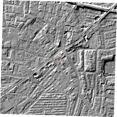 Shaded relief map of the ground around E138FD, computed from Environment Agency LiDAR. The ground here sits at about 3 m above sea level and falls 10 m across the surrounding 800 m. Surface water reaching this point runs off ground lying to the east, 1.7 m higher.