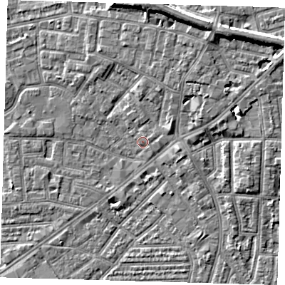 Shaded relief map of the ground around E138FH, computed from Environment Agency LiDAR. The ground here sits at about 2 m above sea level and falls 10 m across the surrounding 800 m. Surface water reaching this point runs off ground lying to the north-north-east, 3.8 m higher.