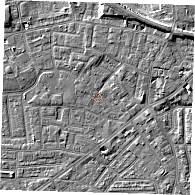 Shaded relief map of the ground around E138FP, computed from Environment Agency LiDAR. The ground here sits at about 1 m above sea level and falls 10 m across the surrounding 800 m. Surface water reaching this point runs off ground lying to the west-north-west, 1.5 m higher.
