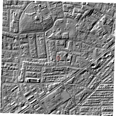 Shaded relief map of the ground around E138FQ, computed from Environment Agency LiDAR. The ground here sits at about 1 m above sea level and falls 6 m across the surrounding 800 m. Surface water reaching this point runs off ground lying to the south, 0.6 m higher.