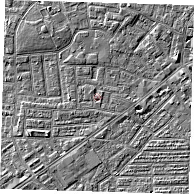 Shaded relief map of the ground around E138HD, computed from Environment Agency LiDAR. The ground here sits at about 1 m above sea level and falls 7 m across the surrounding 800 m. Surface water reaching this point runs off ground lying to the north-east, 6.7 m higher.