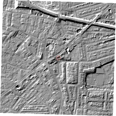 Shaded relief map of the ground around E138HJ, computed from Environment Agency LiDAR. The ground here sits at about 4 m above sea level and falls 10 m across the surrounding 800 m. Surface water reaching this point runs off ground lying to the north-north-east, 4.4 m higher.