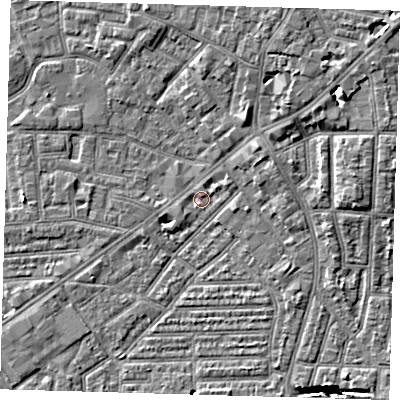 Shaded relief map of the ground around E138HL, computed from Environment Agency LiDAR. The ground here sits at about 1 m above sea level and falls 14 m across the surrounding 800 m. Surface water reaching this point runs off ground lying to the north-east, 6.0 m higher.