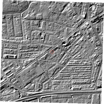Shaded relief map of the ground around E138HR, computed from Environment Agency LiDAR. The ground here sits at about 1 m above sea level and falls 8 m across the surrounding 800 m. Surface water reaching this point runs off ground lying to the north-east, 5.4 m higher.