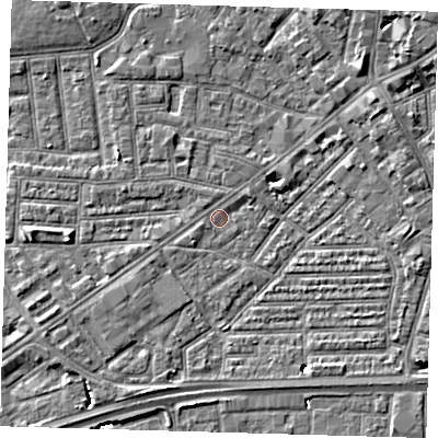 Shaded relief map of the ground around E138HS, computed from Environment Agency LiDAR. The ground here sits at about 1 m above sea level and falls 8 m across the surrounding 800 m. Surface water reaching this point runs off ground lying to the north-east, 5.4 m higher.