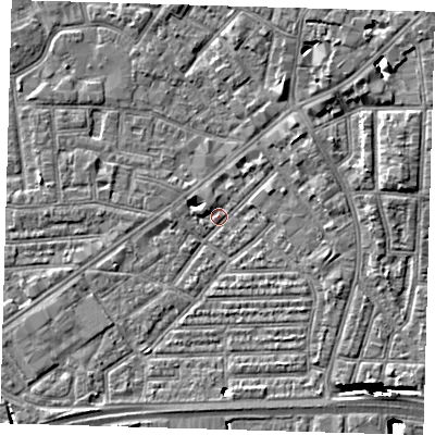 Shaded relief map of the ground around E138HT, computed from Environment Agency LiDAR. The ground here sits at about 1 m above sea level and falls 13 m across the surrounding 800 m. Surface water reaching this point runs off ground lying to the north-east, 12.9 m higher.