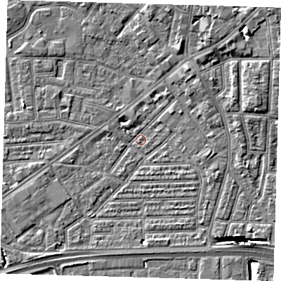 Shaded relief map of the ground around E138HU, computed from Environment Agency LiDAR. The ground here sits at about 1 m above sea level and falls 13 m across the surrounding 800 m. Surface water reaching this point runs off ground lying to the north-east, 12.9 m higher.