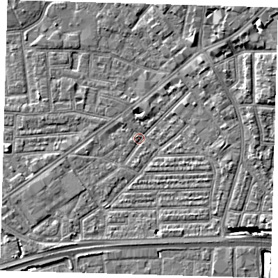 Shaded relief map of the ground around E138HX, computed from Environment Agency LiDAR. The ground here sits at about 1 m above sea level and falls 13 m across the surrounding 800 m. Surface water reaching this point runs off ground lying to the north-east, 7.4 m higher.