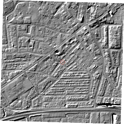 Shaded relief map of the ground around E138HY, computed from Environment Agency LiDAR. The ground here sits at about 1 m above sea level and falls 13 m across the surrounding 800 m. Surface water reaching this point runs off ground lying to the north-east, 12.9 m higher.