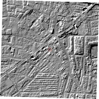 Shaded relief map of the ground around E138HZ, computed from Environment Agency LiDAR. The ground here sits at about 2 m above sea level and falls 9 m across the surrounding 800 m. Surface water reaching this point runs off ground lying to the north-east, 6.6 m higher.