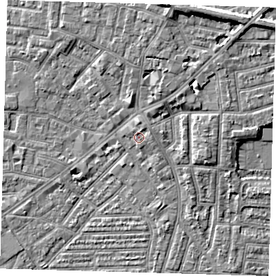 Shaded relief map of the ground around E138JF, computed from Environment Agency LiDAR. The ground here sits at about 3 m above sea level and falls 10 m across the surrounding 800 m. Surface water reaching this point runs off ground lying to the north-north-east, 1.9 m higher.