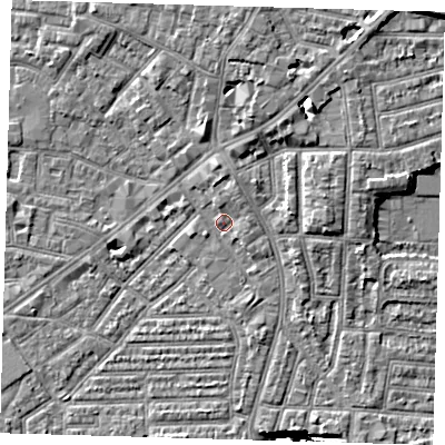 Shaded relief map of the ground around E138JG, computed from Environment Agency LiDAR. The ground here sits at about 2 m above sea level and falls 15 m across the surrounding 800 m. Surface water reaching this point runs off ground lying to the north-north-east, 2.4 m higher.