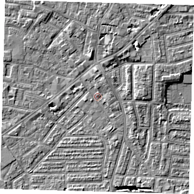 Shaded relief map of the ground around E138JH, computed from Environment Agency LiDAR. The ground here sits at about 2 m above sea level and falls 14 m across the surrounding 800 m. Surface water reaching this point runs off ground lying to the north-north-east, 2.5 m higher.