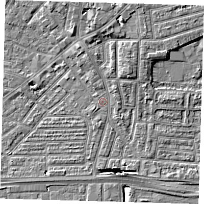 Shaded relief map of the ground around E138JL, computed from Environment Agency LiDAR. The ground here sits at about 2 m above sea level and falls 13 m across the surrounding 800 m. Surface water reaching this point runs off ground lying to the north-north-east, 4.9 m higher.