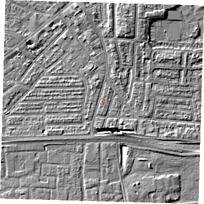 Shaded relief map of the ground around E138JT, computed from Environment Agency LiDAR. The ground here sits at about 2 m above sea level and falls 13 m across the surrounding 800 m. Surface water reaching this point runs off ground lying to the north-north-east, 3.9 m higher.