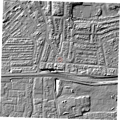 Shaded relief map of the ground around E138JU, computed from Environment Agency LiDAR. The ground here sits at about 2 m above sea level and falls 12 m across the surrounding 800 m. Surface water reaching this point runs off ground lying to the south, 1.3 m higher.