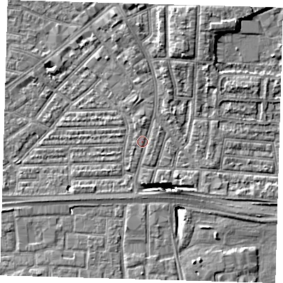 Shaded relief map of the ground around E138JW, computed from Environment Agency LiDAR. The ground here sits at about 2 m above sea level and falls 13 m across the surrounding 800 m. Surface water reaching this point runs off ground lying to the north-north-east, 3.9 m higher.