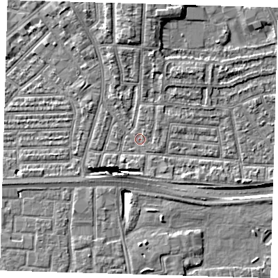Shaded relief map of the ground around E138JX, computed from Environment Agency LiDAR. The ground here sits at about 2 m above sea level and falls 13 m across the surrounding 800 m. Surface water reaching this point runs off ground lying to the south, 1.3 m higher.