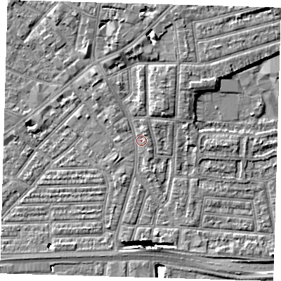 Shaded relief map of the ground around E138JY, computed from Environment Agency LiDAR. The ground here sits at about 2 m above sea level and falls 13 m across the surrounding 800 m. Surface water reaching this point runs off ground lying to the north, 4.7 m higher.