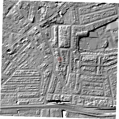 Shaded relief map of the ground around E138LP, computed from Environment Agency LiDAR. The ground here sits at about 3 m above sea level and falls 13 m across the surrounding 800 m. Surface water reaching this point runs off ground lying to the north-north-east, 2.9 m higher.