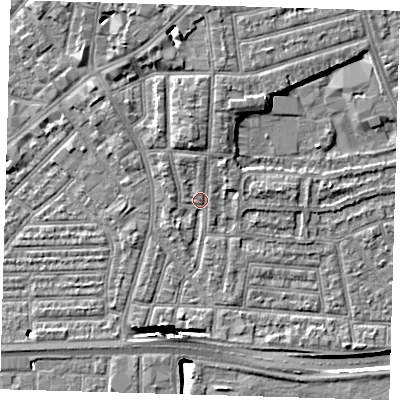 Shaded relief map of the ground around E138LR, computed from Environment Agency LiDAR. The ground here sits at about 3 m above sea level and falls 13 m across the surrounding 800 m. Surface water reaching this point runs off ground lying to the north-north-east, 3.7 m higher.