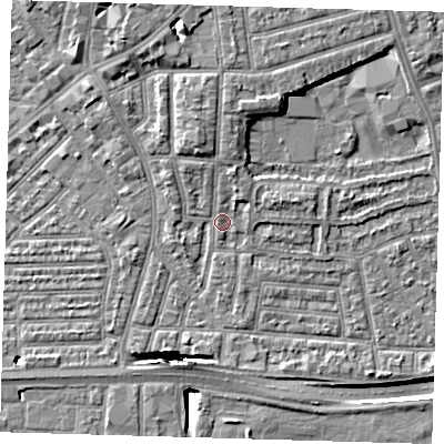 Shaded relief map of the ground around E138LS, computed from Environment Agency LiDAR. The ground here sits at about 2 m above sea level and falls 13 m across the surrounding 800 m. Surface water reaching this point runs off ground lying to the north-north-east, 3.7 m higher.