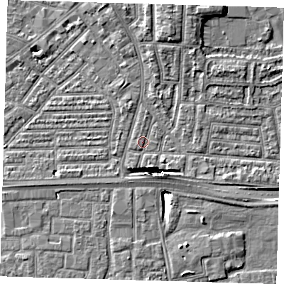 Shaded relief map of the ground around E138LX, computed from Environment Agency LiDAR. The ground here sits at about 2 m above sea level and falls 13 m across the surrounding 800 m. Surface water reaching this point runs off ground lying to the north-north-east, 4.3 m higher.