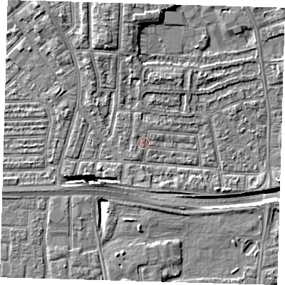Shaded relief map of the ground around E138LY, computed from Environment Agency LiDAR. The ground here sits at about 2 m above sea level and falls 13 m across the surrounding 800 m. Surface water reaching this point runs off ground lying to the north-west, 0.7 m higher.