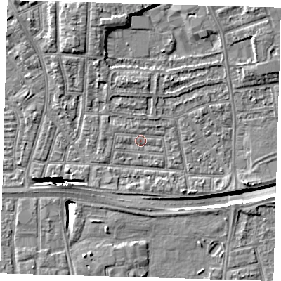 Shaded relief map of the ground around E138LZ, computed from Environment Agency LiDAR. The ground here sits at about 2 m above sea level and falls 13 m across the surrounding 800 m. Surface water reaching this point runs off ground lying to the east-south-east, 3.1 m higher.