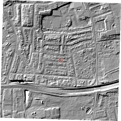 Shaded relief map of the ground around E138NA, computed from Environment Agency LiDAR. The ground here sits at about 2 m above sea level and falls 13 m across the surrounding 800 m. Surface water reaching this point runs off ground lying to the east-south-east, 3.1 m higher.
