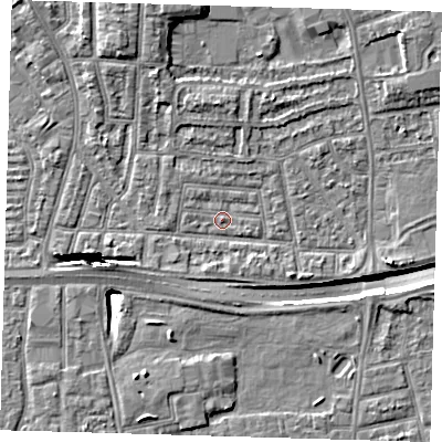 Shaded relief map of the ground around E138NB, computed from Environment Agency LiDAR. The ground here sits at about 2 m above sea level and falls 12 m across the surrounding 800 m. Surface water reaching this point runs off ground lying to the east-south-east, 3.1 m higher.