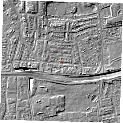 Shaded relief map of the ground around E138ND, computed from Environment Agency LiDAR. The ground here sits at about 2 m above sea level and falls 12 m across the surrounding 800 m. Surface water reaching this point runs off ground lying to the east, 3.1 m higher.