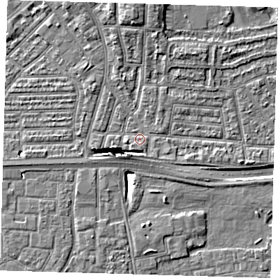 Shaded relief map of the ground around E138NE, computed from Environment Agency LiDAR. The ground here sits at about 2 m above sea level and falls 11 m across the surrounding 800 m. Surface water reaching this point runs off ground lying to the south, 1.1 m higher.
