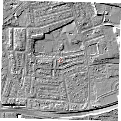 Shaded relief map of the ground around E138NR, computed from Environment Agency LiDAR. The ground here sits at about 3 m above sea level and falls 15 m across the surrounding 800 m. Surface water reaching this point runs off ground lying to the north-north-east, 0.9 m higher.