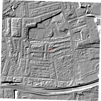 Shaded relief map of the ground around E138NT, computed from Environment Agency LiDAR. The ground here sits at about 2 m above sea level and falls 15 m across the surrounding 800 m. Surface water reaching this point runs off ground lying to the west-north-west, 2.2 m higher.