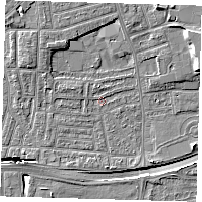 Shaded relief map of the ground around E138NU, computed from Environment Agency LiDAR. The ground here sits at about 2 m above sea level and falls 15 m across the surrounding 800 m. Surface water reaching this point runs off ground lying to the west-north-west, 2.2 m higher.