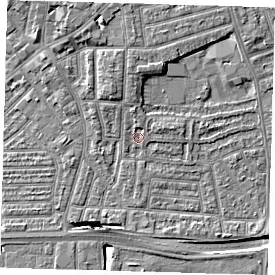 Shaded relief map of the ground around E138NW, computed from Environment Agency LiDAR. The ground here sits at about 2 m above sea level and falls 13 m across the surrounding 800 m. Surface water reaching this point runs off ground lying to the north, 2.0 m higher.