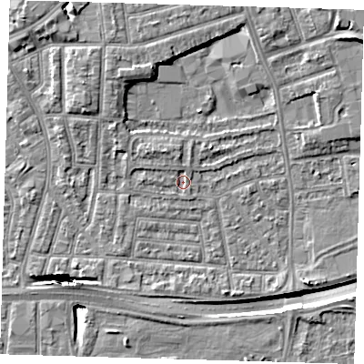 Shaded relief map of the ground around E138NX, computed from Environment Agency LiDAR. The ground here sits at about 2 m above sea level and falls 14 m across the surrounding 800 m. Surface water reaching this point runs off ground lying to the north-west, 1.2 m higher.