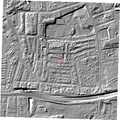 Shaded relief map of the ground around E138PA, computed from Environment Agency LiDAR. The ground here sits at about 2 m above sea level and falls 13 m across the surrounding 800 m. Surface water reaching this point runs off ground lying to the north-north-west, 1.2 m higher.