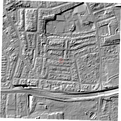 Shaded relief map of the ground around E138PB, computed from Environment Agency LiDAR. The ground here sits at about 2 m above sea level and falls 13 m across the surrounding 800 m. Surface water reaching this point runs off ground lying to the north-west, 2.5 m higher.