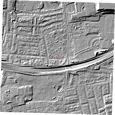 Shaded relief map of the ground around E138PE, computed from Environment Agency LiDAR. The ground here sits at about 2 m above sea level and falls 14 m across the surrounding 800 m. Surface water reaching this point runs off ground lying to the east-south-east, 3.1 m higher.