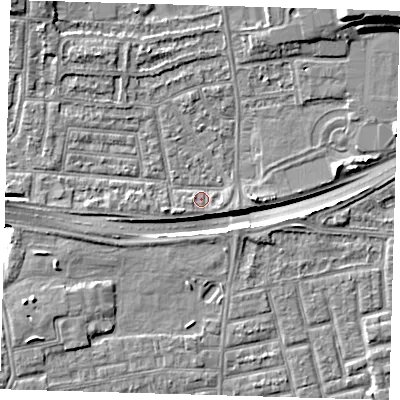 Shaded relief map of the ground around E138PF, computed from Environment Agency LiDAR. The ground here sits at about 2 m above sea level and falls 14 m across the surrounding 800 m. Surface water reaching this point runs off ground lying to the east, 3.1 m higher.